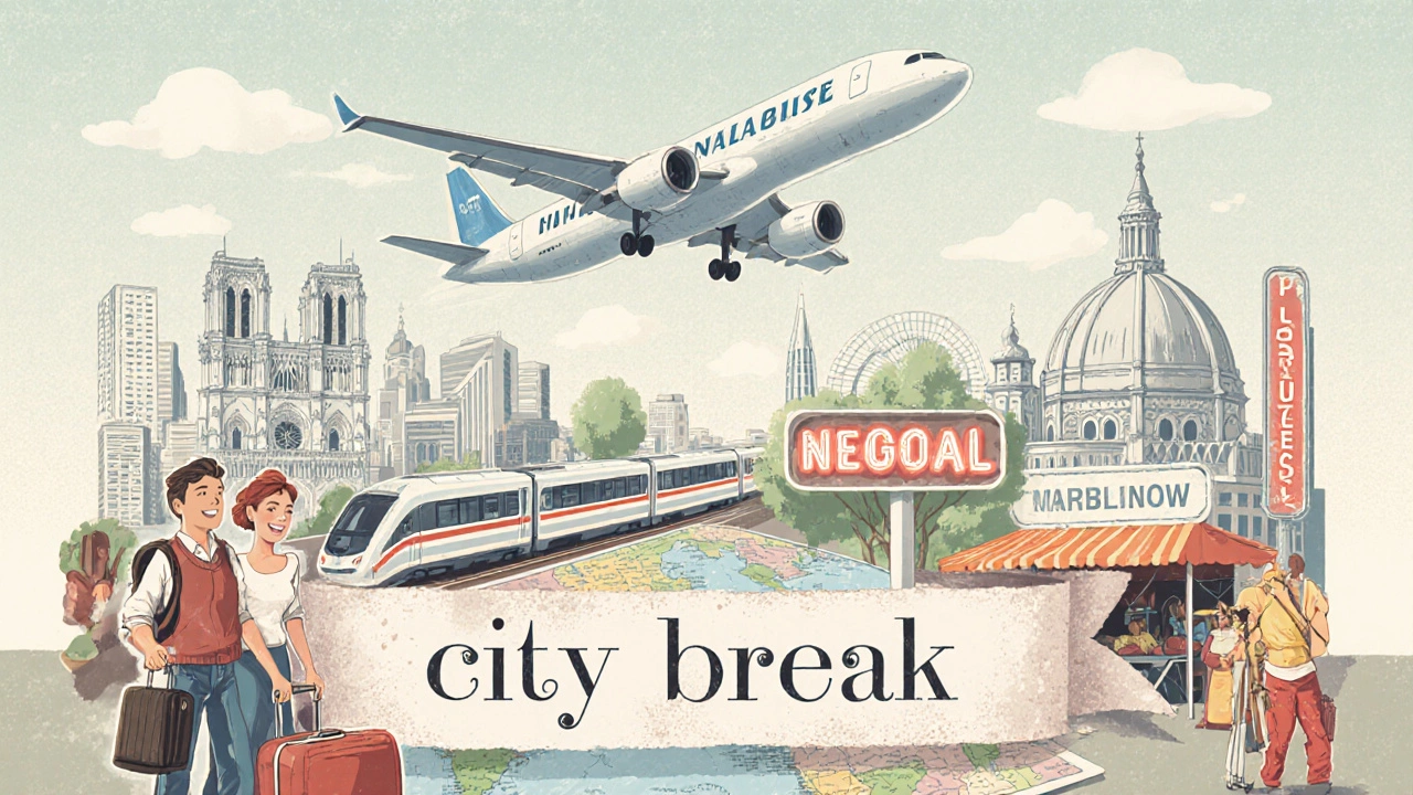 1990s‑style collage of airplane, train, and tourists near city landmarks.