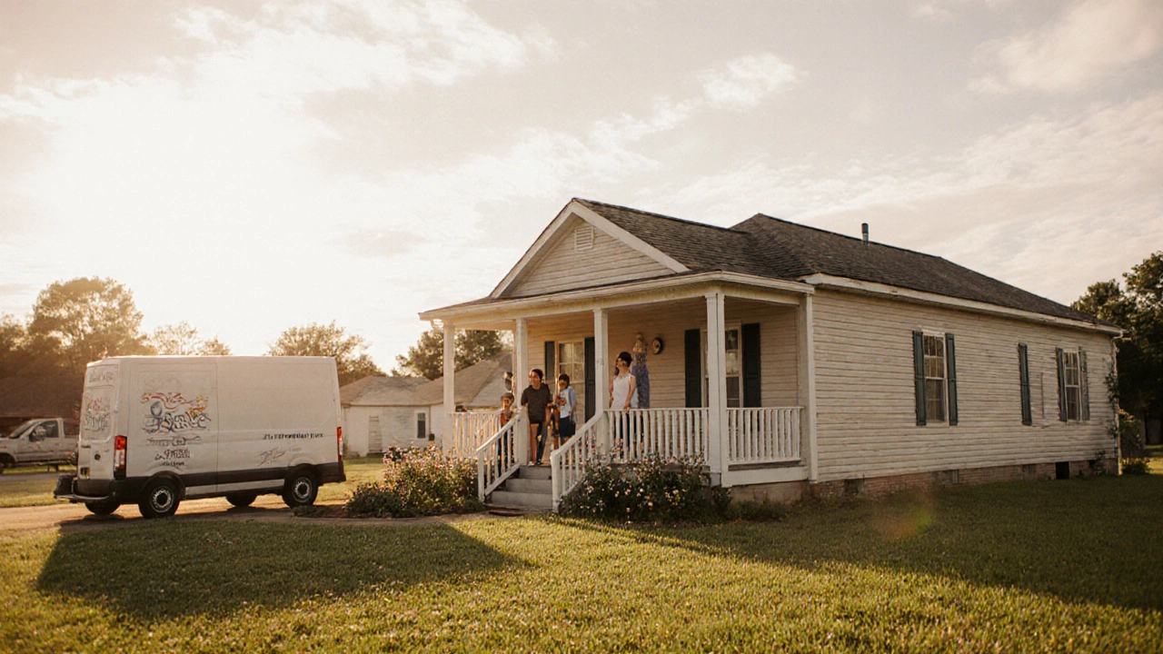 A relaxed family enjoys an affordable home and open landscape in Mississippi, symbolizing lower cost living.