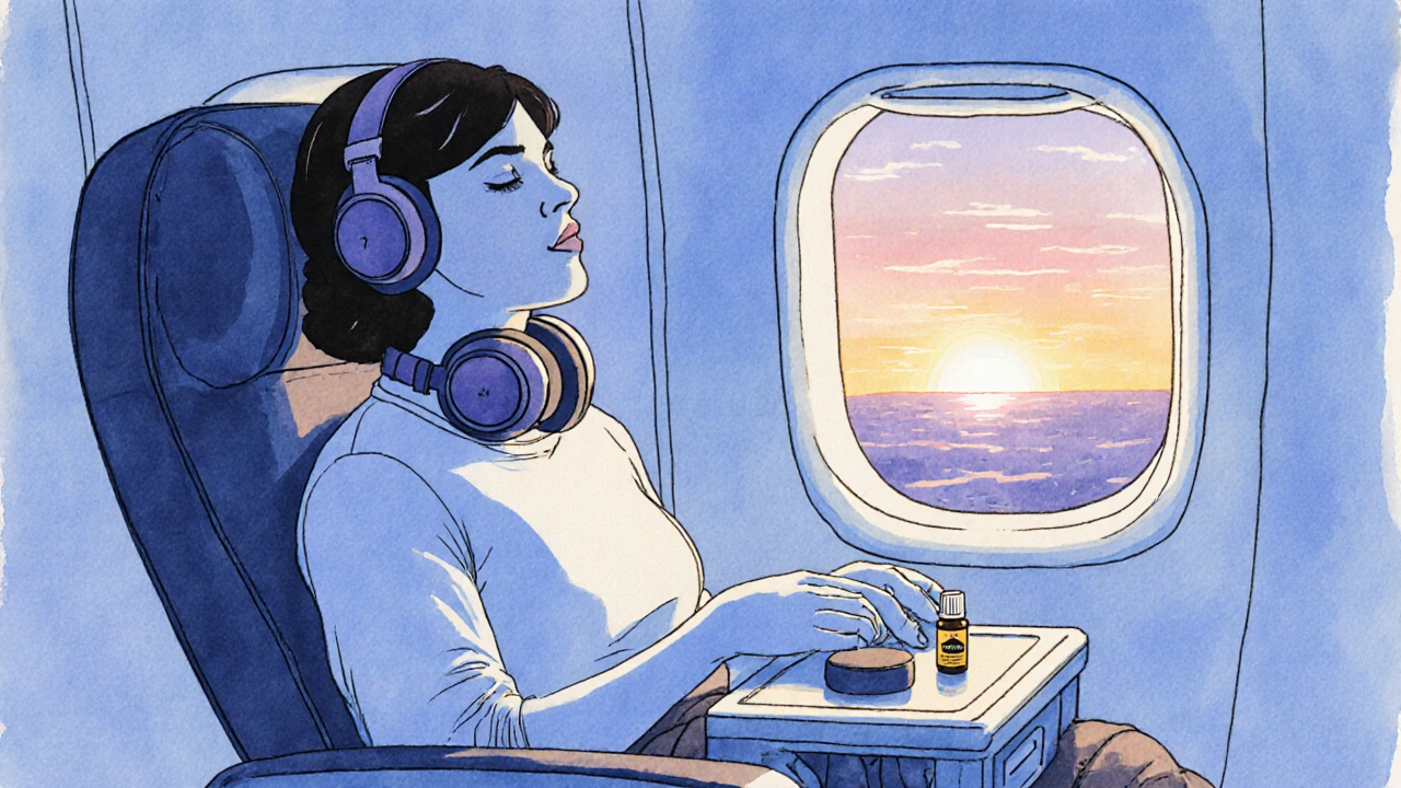 Airplane passenger practicing breathing with headphones, essential oil, and weighted blanket.