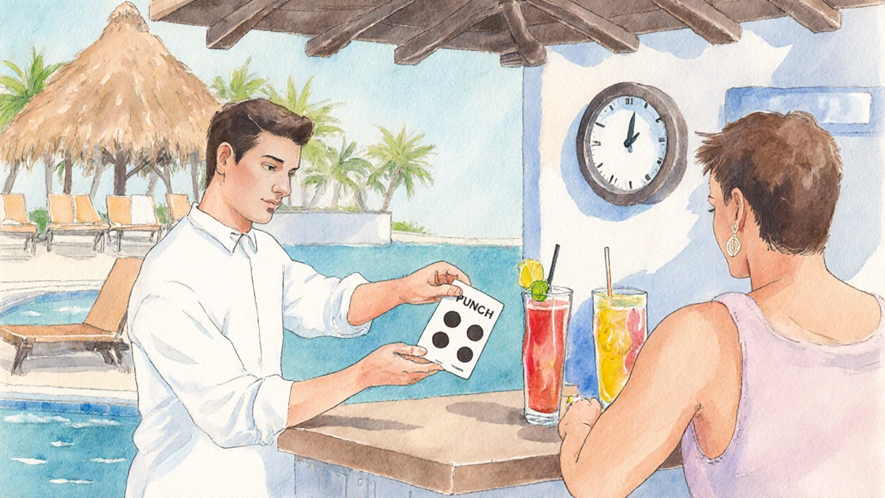 Bartender giving a stamped punch‑card to a guest at a pool bar.