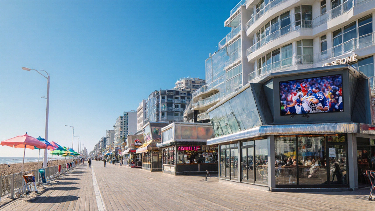 Brighton seafront promenade with wide boardwalk, American‑style diners and sports bar screens.