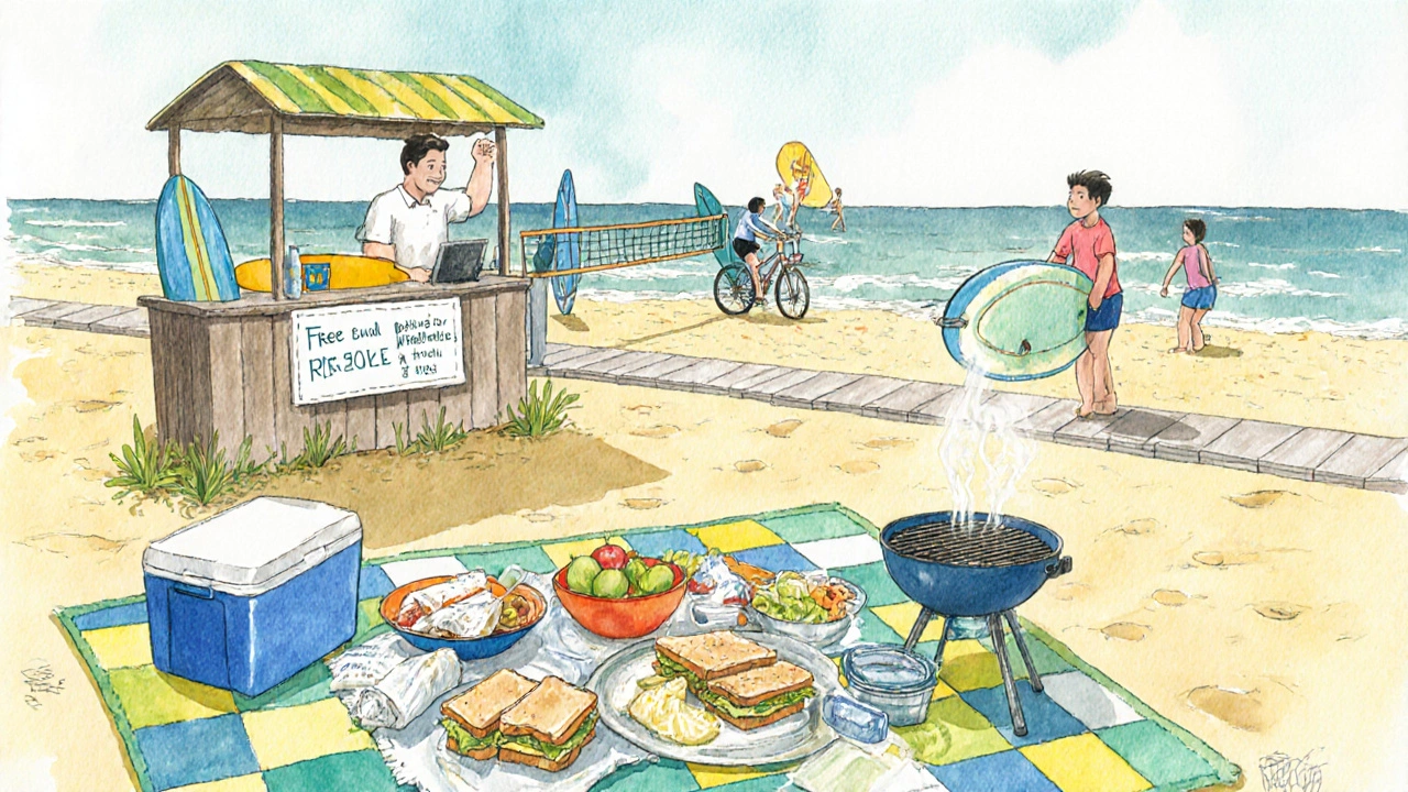 Colorful beach picnic blanket with food and a community surfboard lending booth, people playing volleyball.