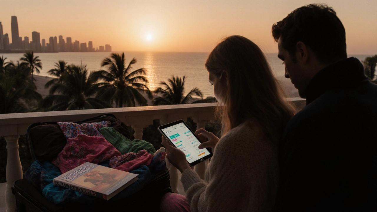 Couple checking currency rates on phone while packing for a sunrise tropical holiday.