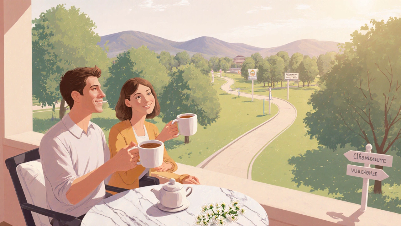 Couple enjoying coffee on a balcony with a park view, showcasing a low‑stress getaway.