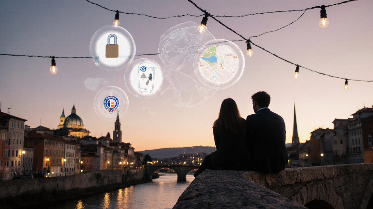 Couple on a bridge at twilight with symbols of safety subtly integrated into the scene.