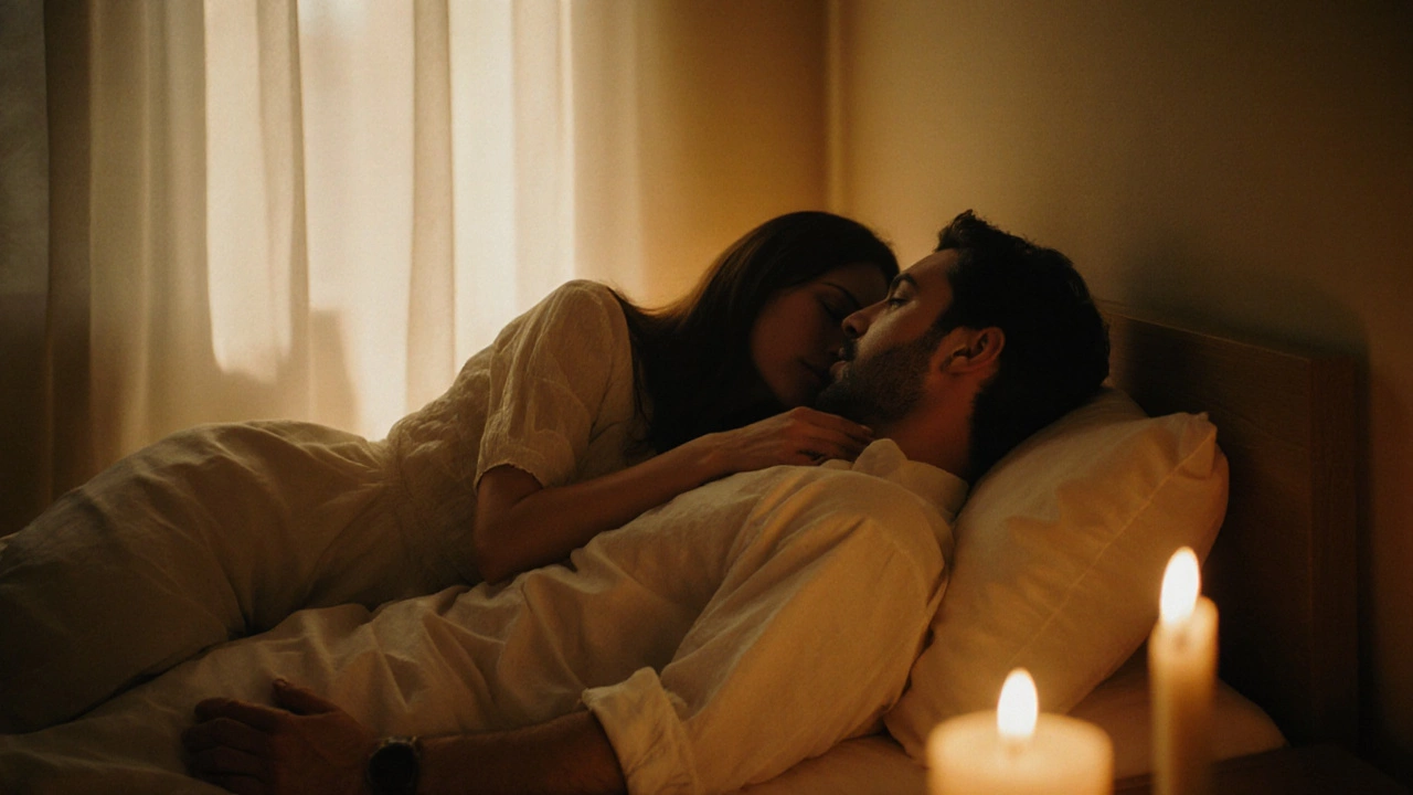 Couple spooning, woman&#039;s hand on hips and soft kiss on his neck.
