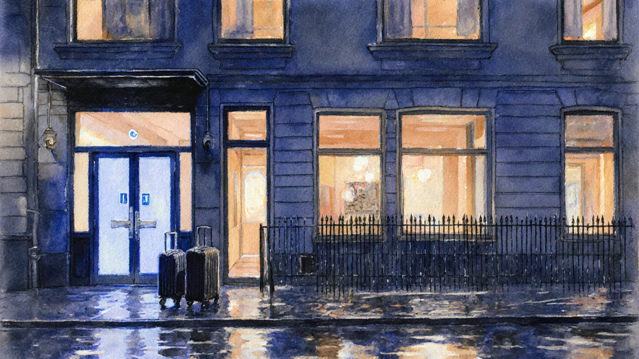 Cozy boutique hotel entrance with keycard access and warm interior lighting at night.