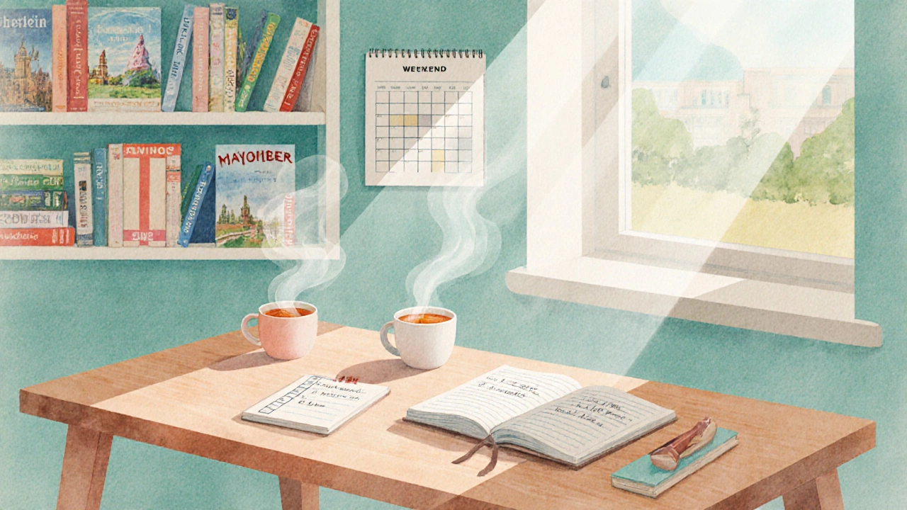 Cozy home office with tea, notebook, and calendar highlighting the weekend.