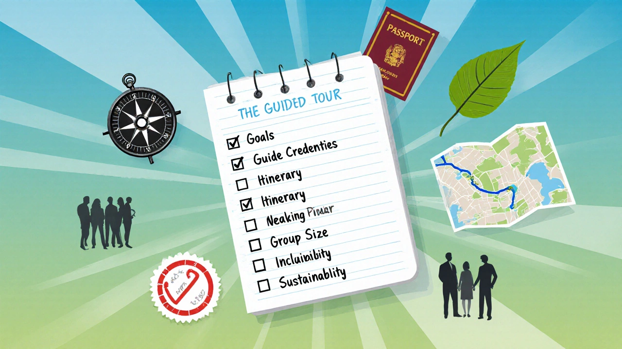 Digital collage of a travel checklist with icons for goals, credentials, and sustainability.