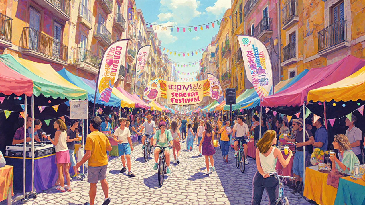 El Raval street festival with market stalls, DJ, cyclists, and solo travelers socializing.