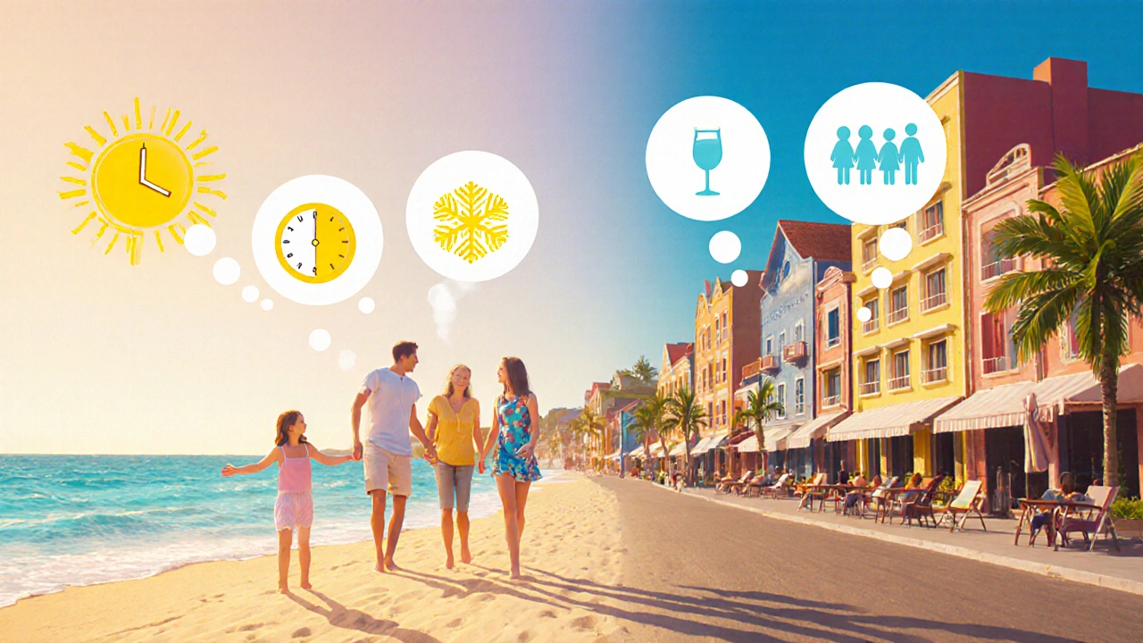 Family on a beach with visual cues indicating travel factors such as season, group size, and drink preferences.