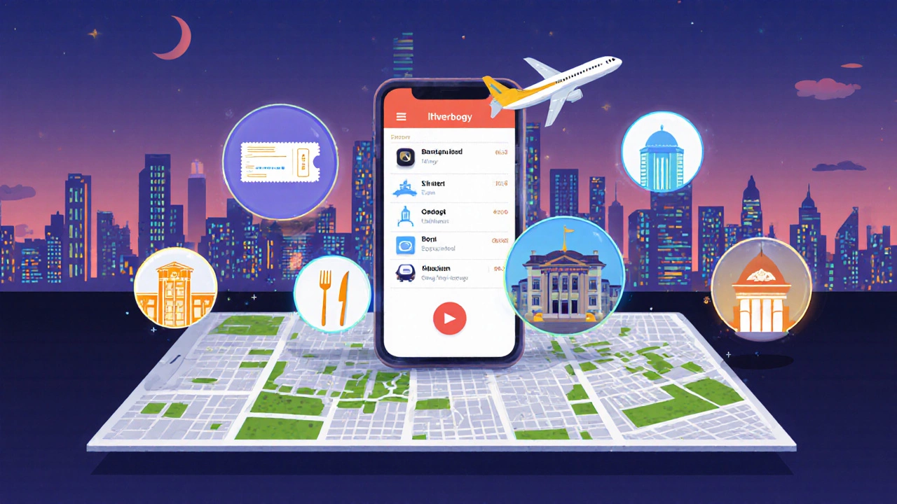 Flat‑design illustration of a smartphone planning a city break with travel icons.