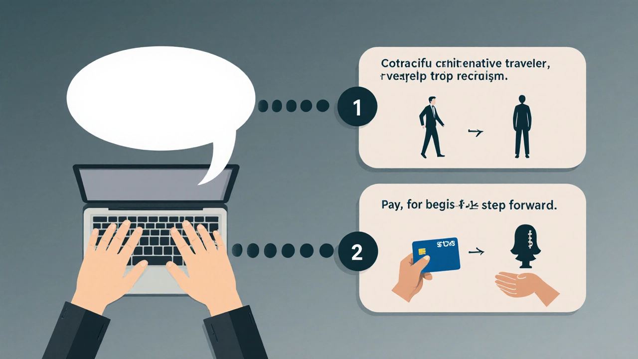 Flat illustration of a person sending a cancellation message, offering a replacement, paying fees, and shaking hands.