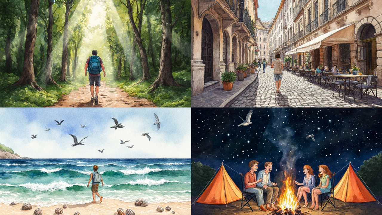 Four watercolor panels: hiker in forest, city stroll, beach walk, group campfire.
