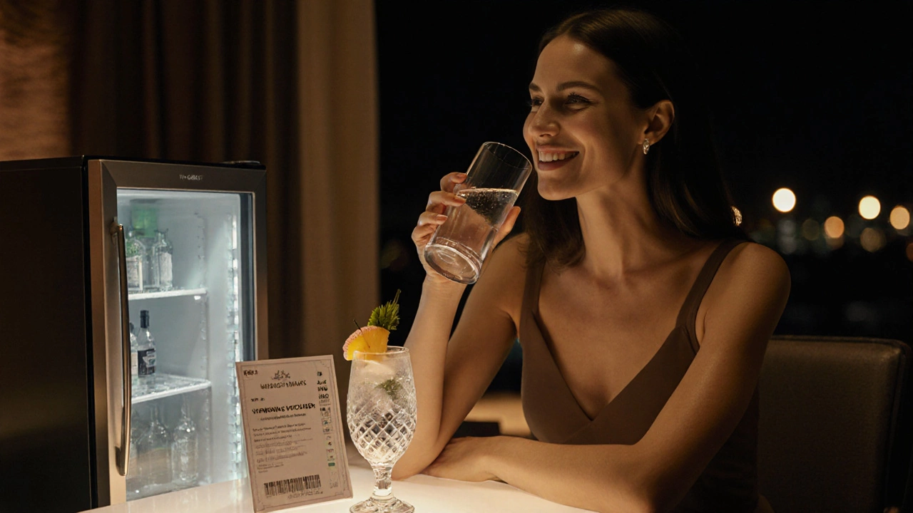 Guest at a lounge table with a voucher, mini‑bar, water and cocktail.