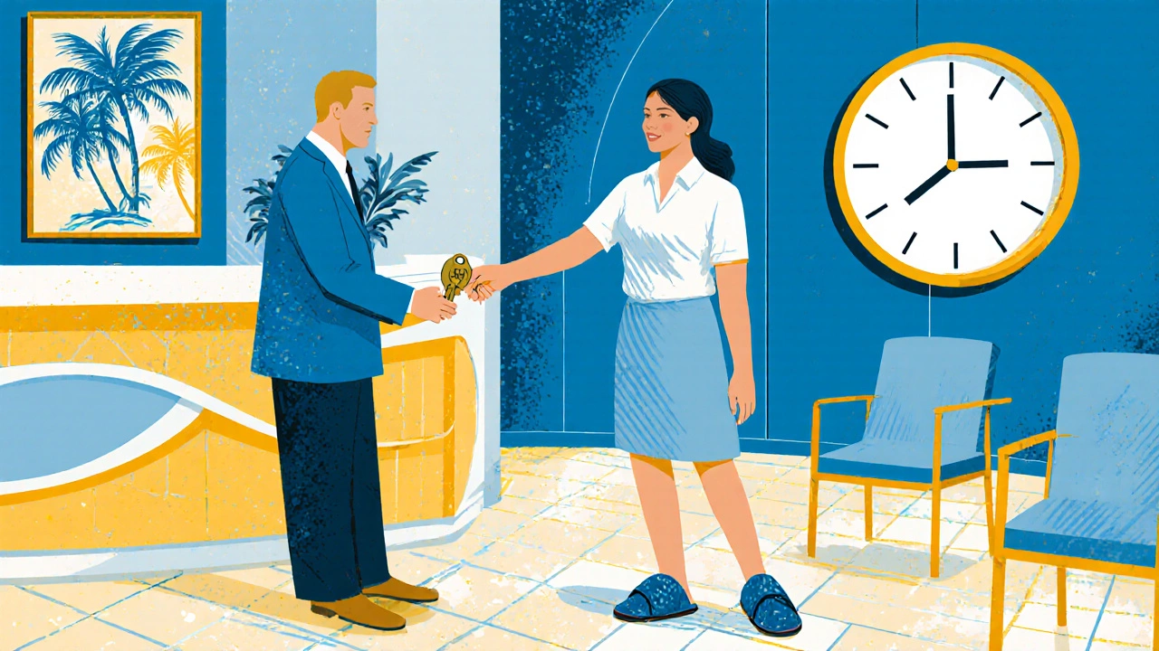 Guest hands room key to clerk at checkout as a clock shows 11 am.