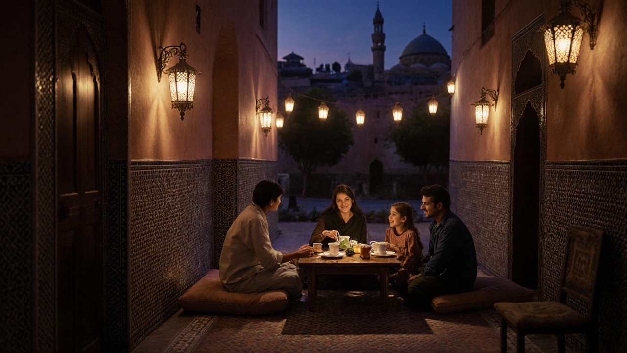 Guest joins a private tea ceremony in a hidden Marrakech courtyard at dusk.