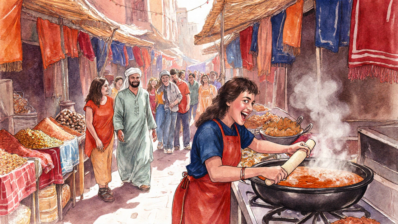 Guide leads tourists through a Marrakech market to a home cooking lesson.