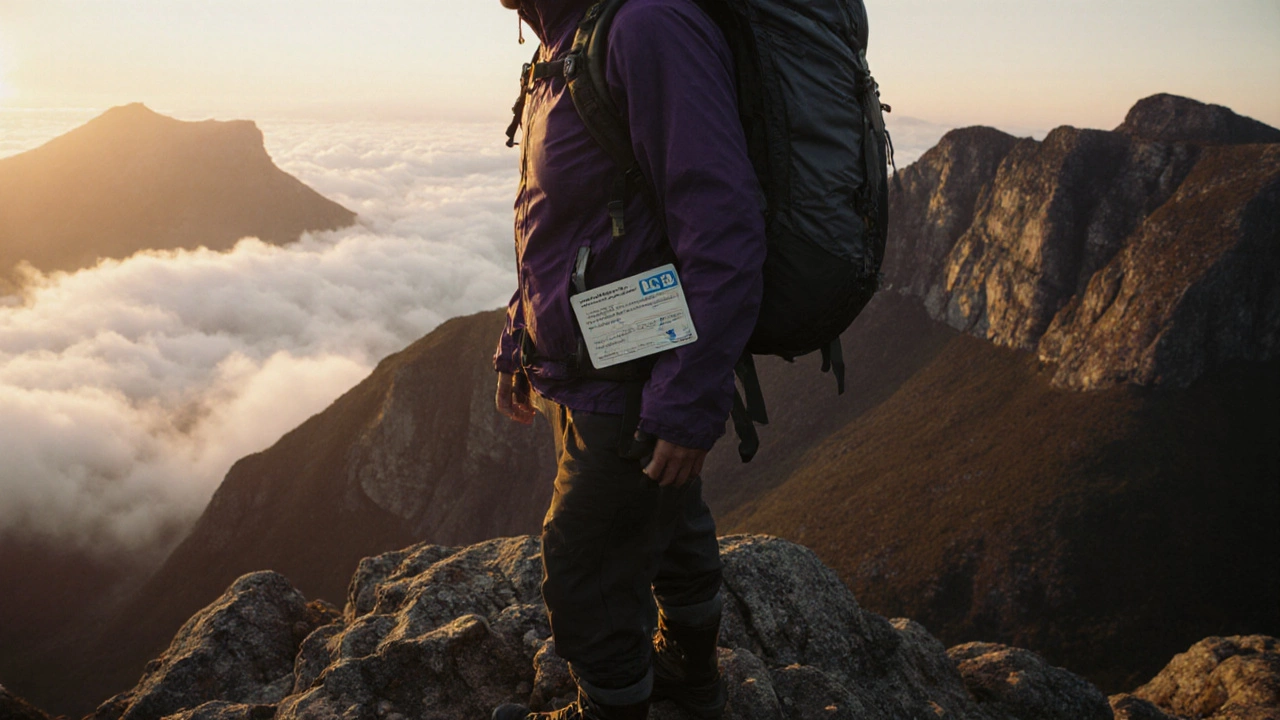 Hiker on Drakensberg ridge at sunrise with gear and permit visible.
