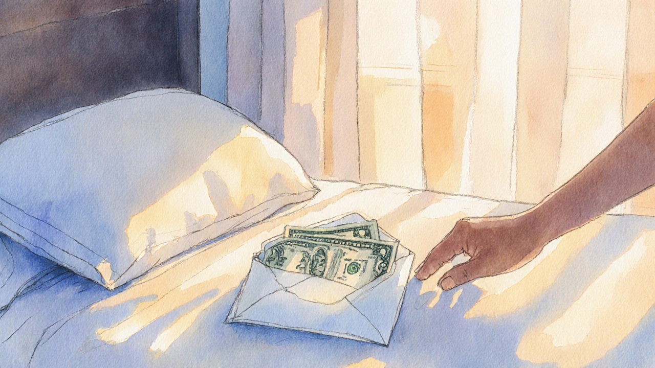 Hotel bedroom sunrise with envelope and cash on pillow for housekeeping tip.