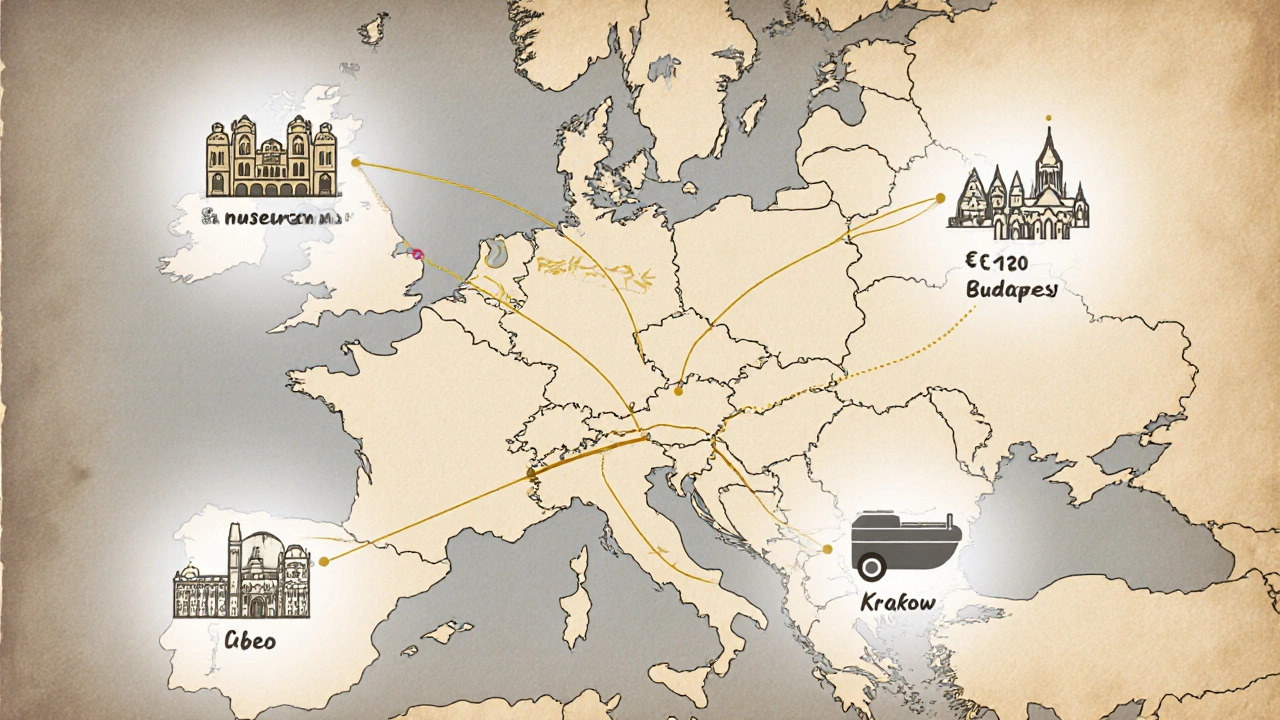 Map showing five budget-friendly European cities with icons for free attractions, cheap food, and low-cost transit.