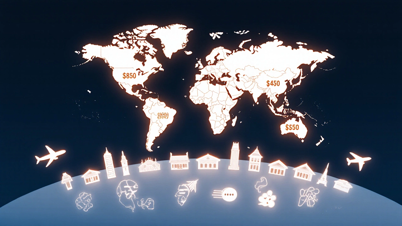 Minimalist budget calculator floating above a world map with travel cost ranges highlighted.