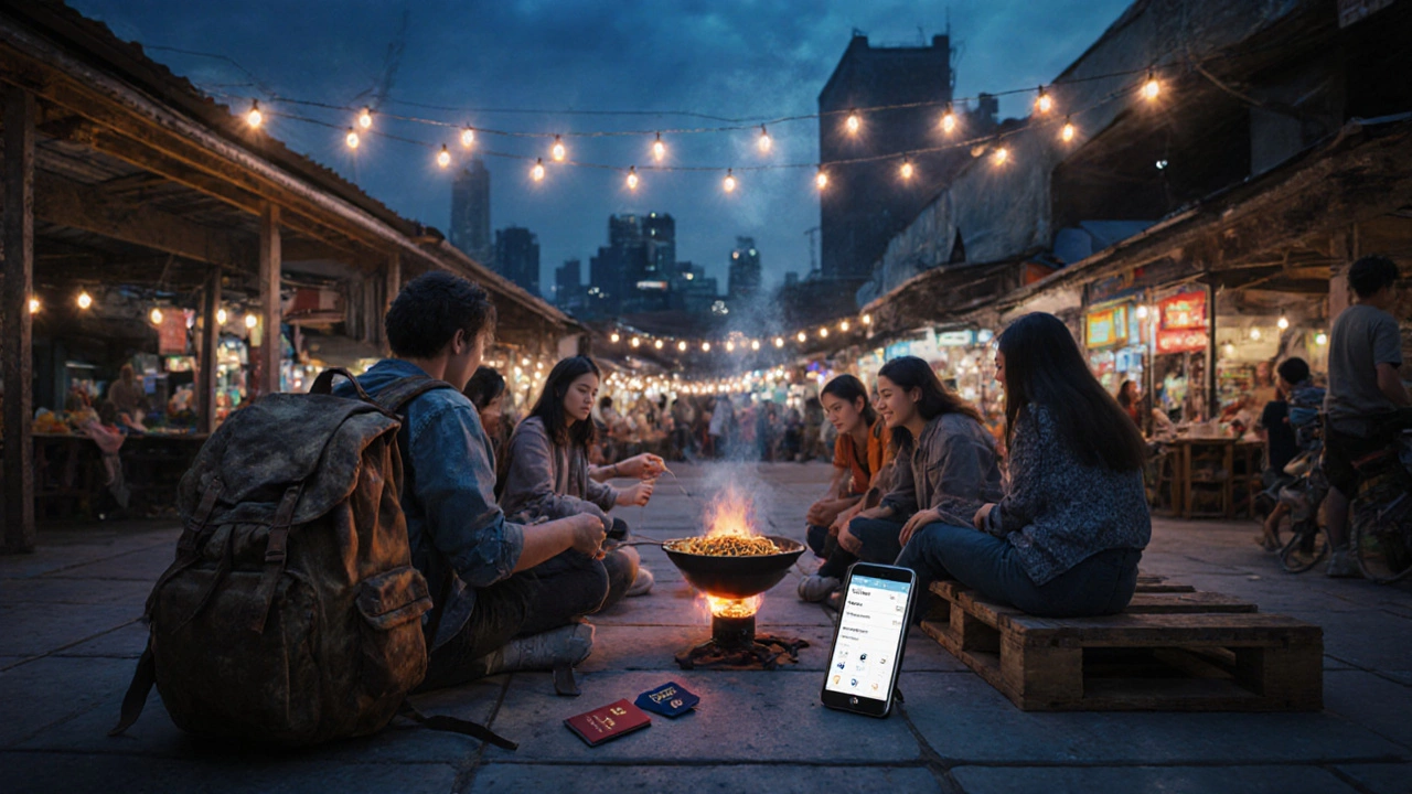 Nighttime hostel courtyard in Thailand with travelers, food stove, and travel gear under fairy lights.