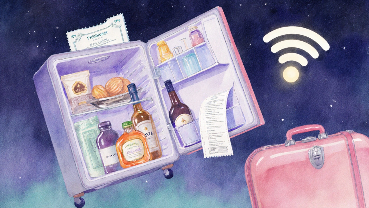 Open minibar with premium items and an invoice hovering over a suitcase.