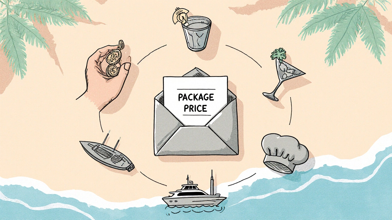 Overhead view of icons representing hidden fees like tips, premium drinks, excursions, and Wi‑Fi.