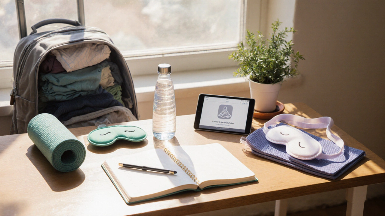 Pastel desk scene with journal, water bottle, yoga mat, sleep mask, and travel gear.