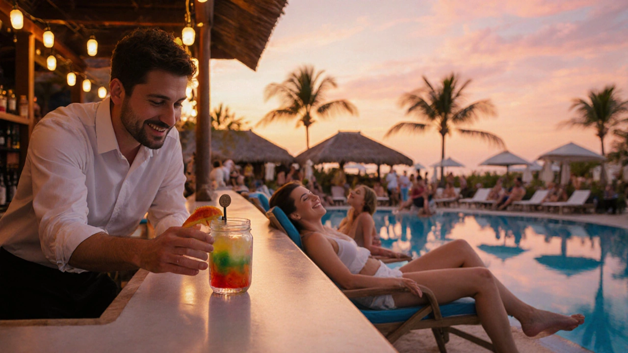 Poolside bar at sunset, guest tips bartender by placing a coin in jar.