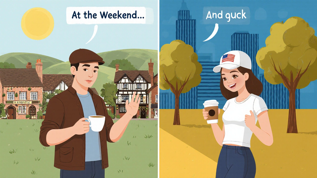 Split illustration showing a British man in a village and an American woman in a park, each gesturing about the weekend.