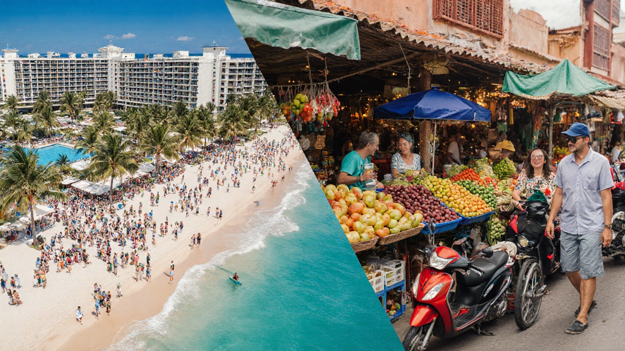 Split-screen comparison: overpriced resort vs. vibrant local market with street food.