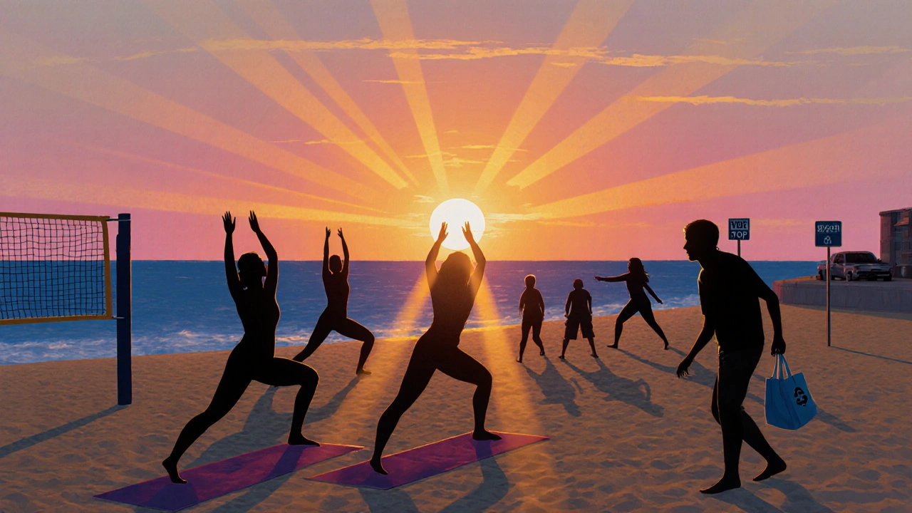 Sunset beach scene showing yoga, volleyball, and a traveler packing up after an affordable day.