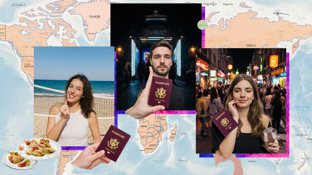 Three travelers standing before icons of Barcelona, Berlin, and Bangkok illustrating city comparison.