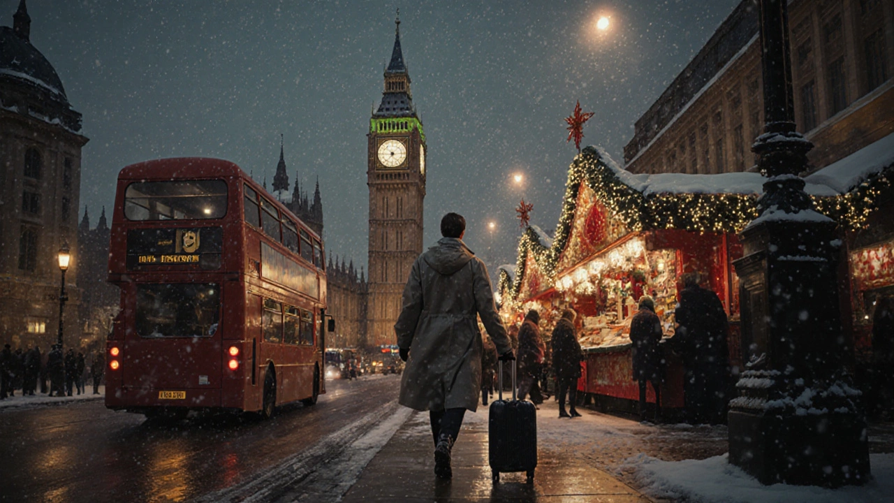 Traveler arriving in snowy London street near Christmas market and Big Ben.