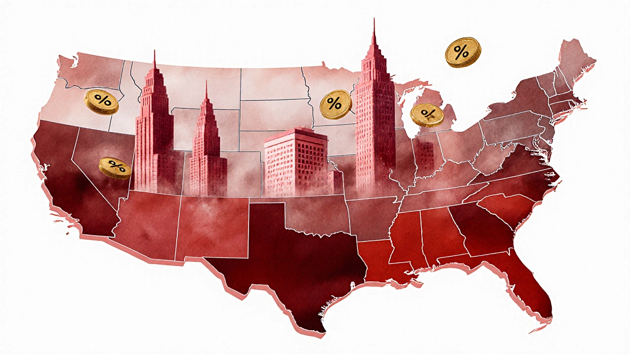 US map highlights California, New York, Massachusetts, Hawaii, and Washington with towering home icons.