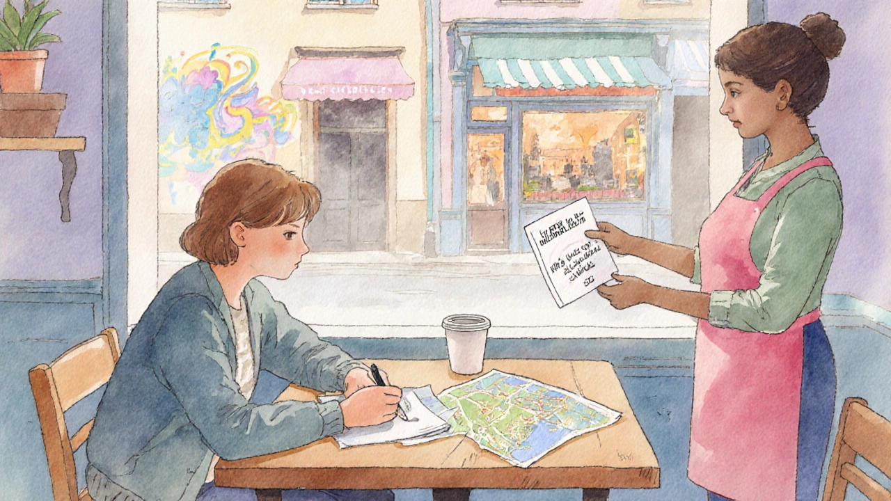 Visitor studies a paper map in a café while a shop owner shares local event details.