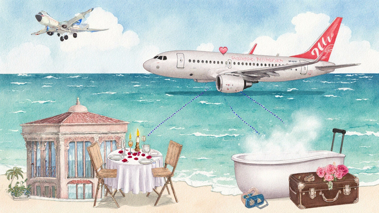 Watercolor of a bundled romantic getaway showing plane, hotel, dinner and spa.