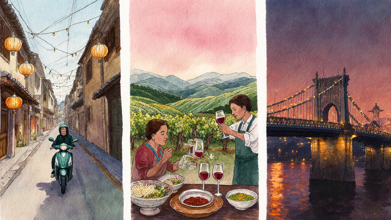 Watercolor split view of Vietnam motorbike, Georgian vineyard wine tasting, and Budapest tram.