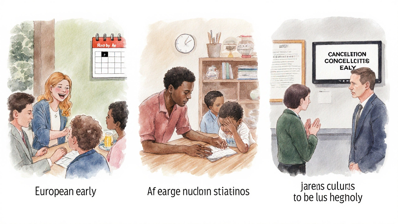 Watercolor vignettes show European friends, an African family, and Japanese colleagues illustrating cultural views on cancellation.