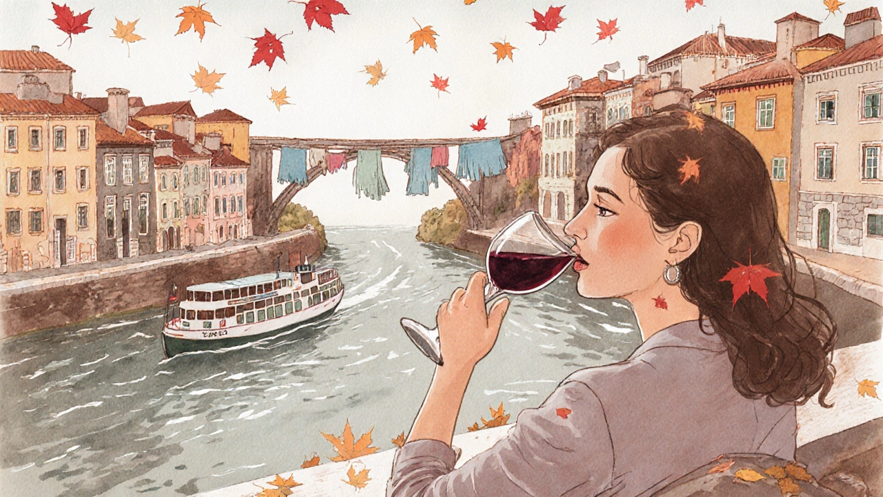Woman enjoying port wine by the Douro River in Porto, with colorful buildings and a small cruise boat in the distance.