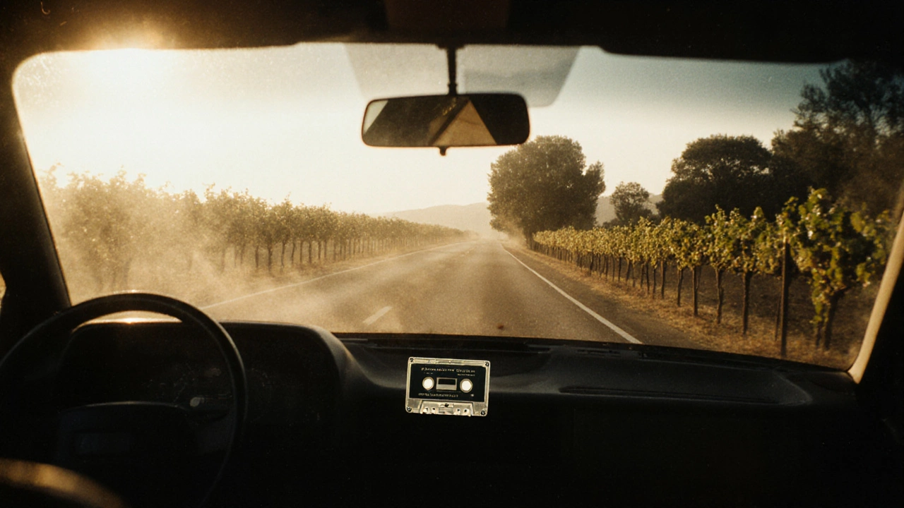 A car drives down the R62 wine route at golden hour, windows down, vineyards lining the road.