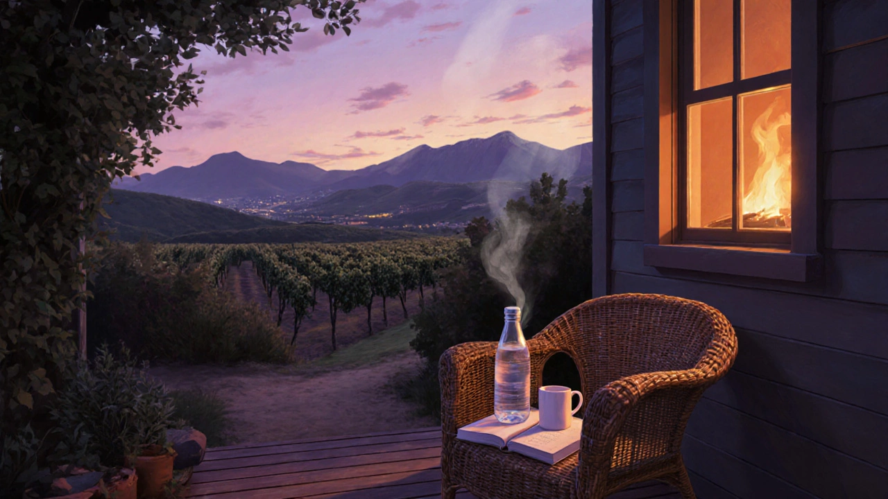 A cozy Stellenbosch cottage at dusk with vineyards in the background, warm light glowing from the porch.