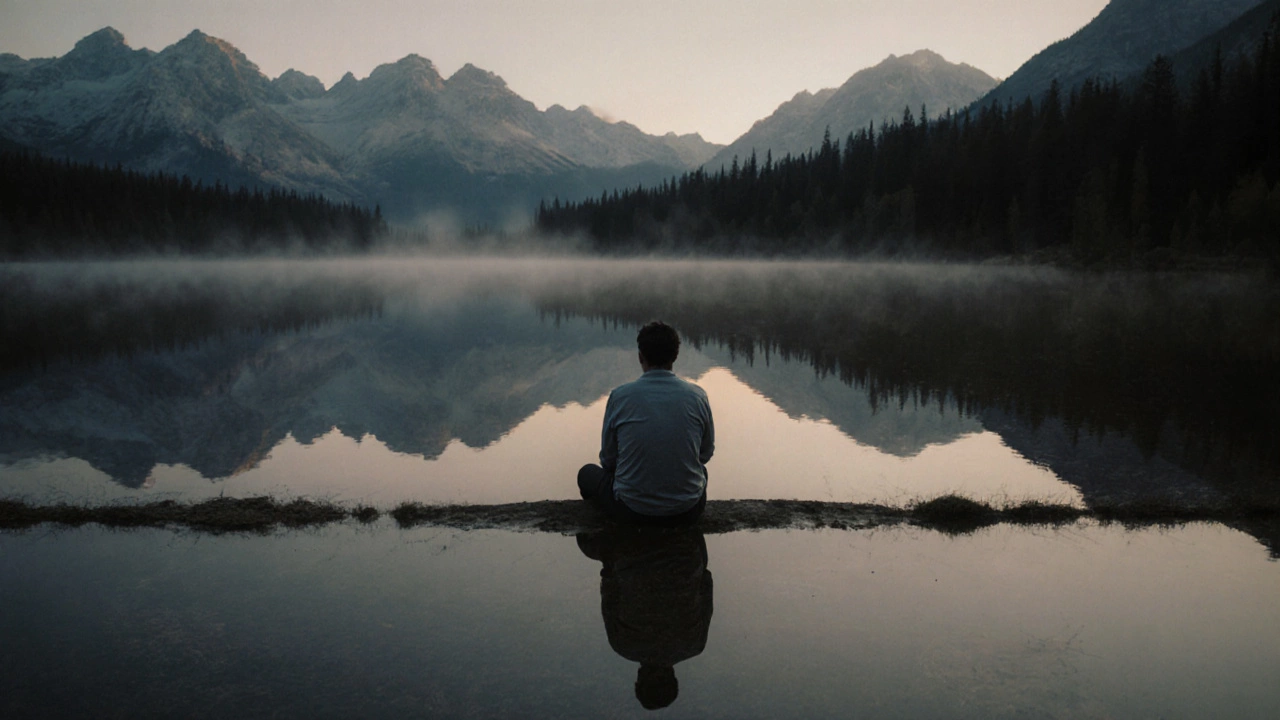 A solitary man sits by a misty mountain lake at dawn, reflecting in the still water, completely alone.