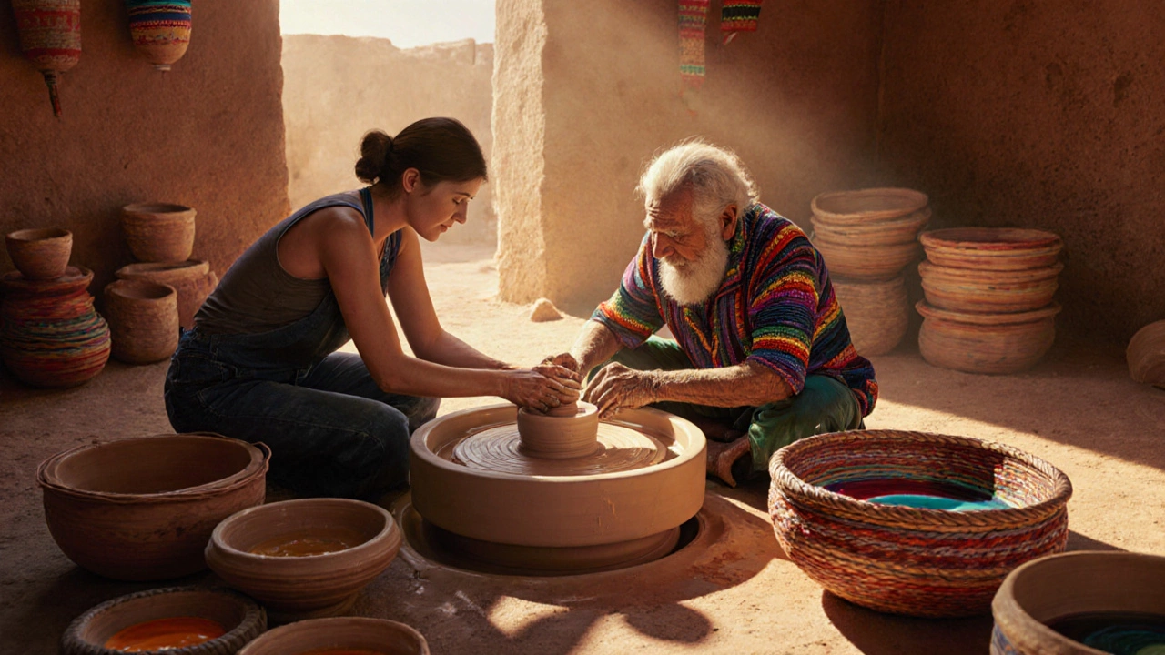 A traveler learning pottery from an artisan in Oaxaca, surrounded by handcrafted ceramics and natural dyes.