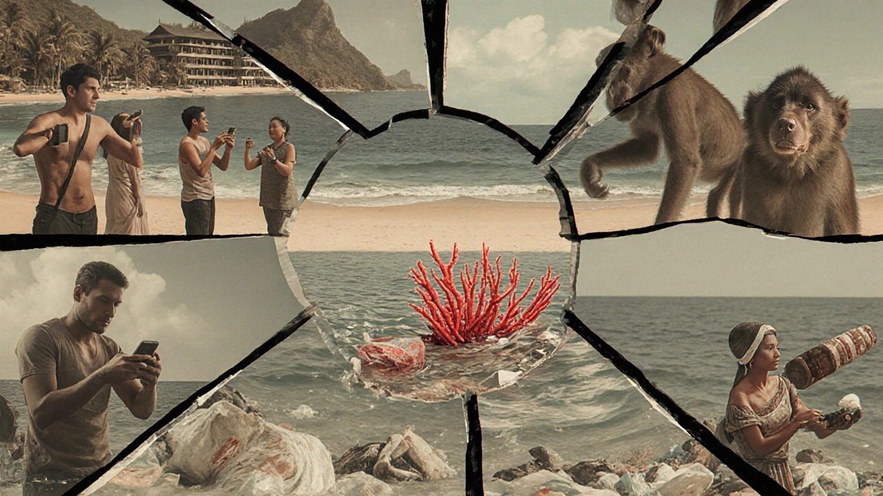 Bali&#039;s Uluwatu Beach as a fractured mirror showing tourism&#039;s impact and lost purity.