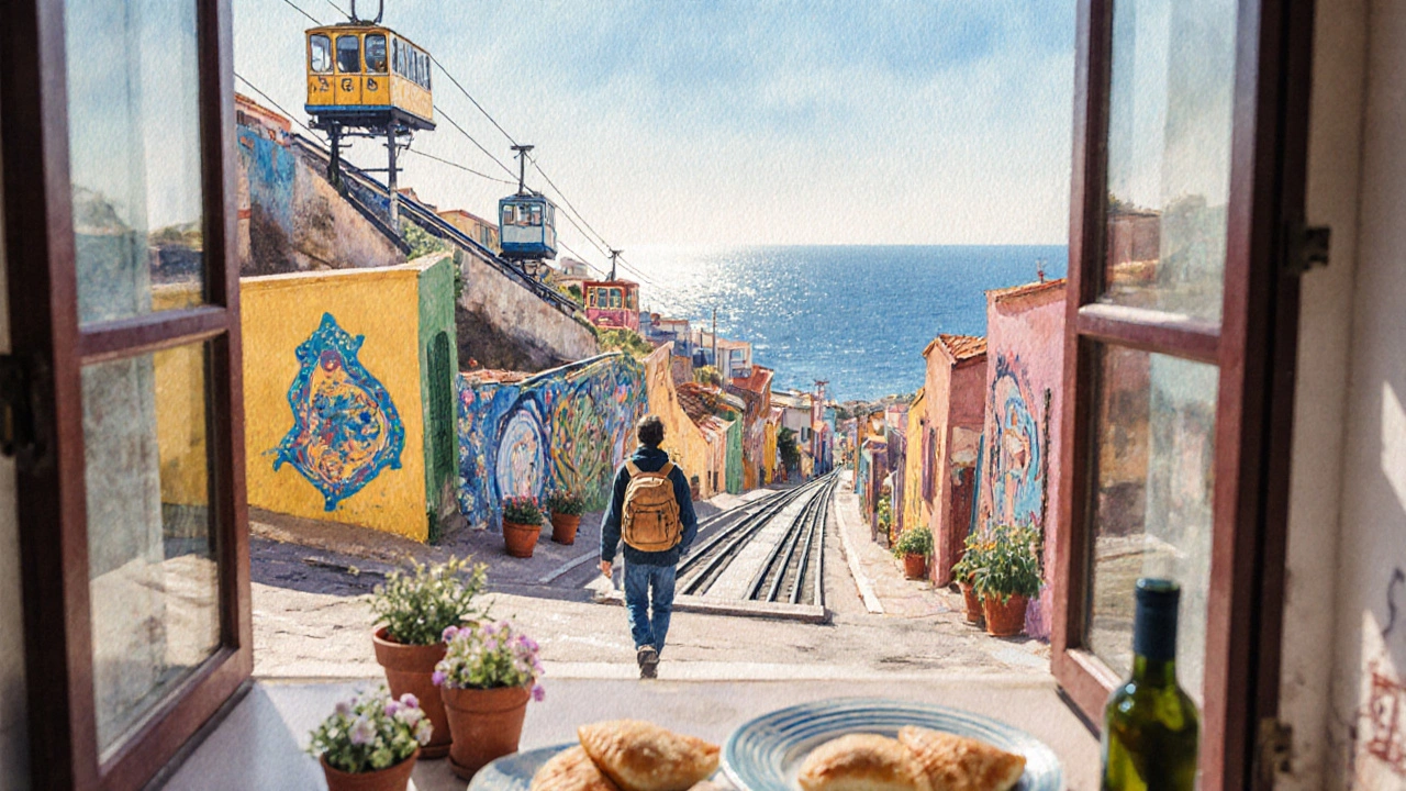 Colorful hillside houses and funiculars in Valparaíso, Chile