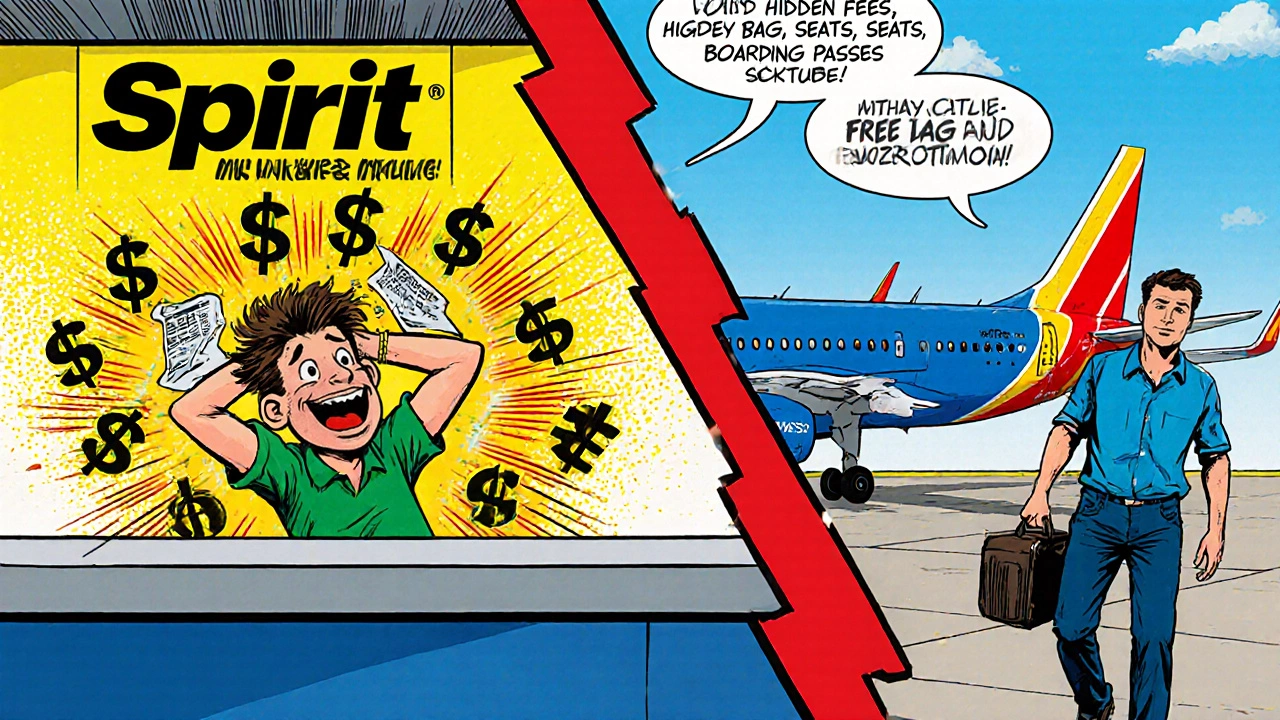 Comic-style contrast between budget airline fees and hassle-free flight experience.