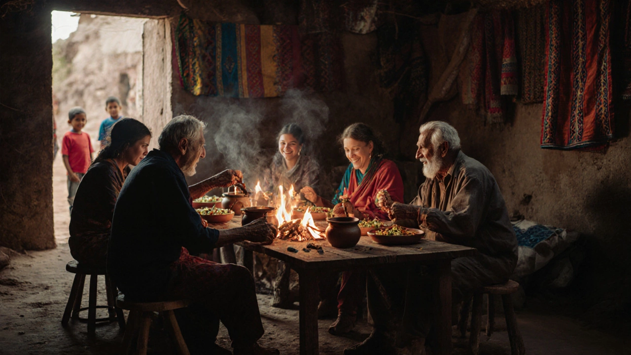 Diverse group sharing a meal around a wooden table in a village home, lit by candlelight and smoke.